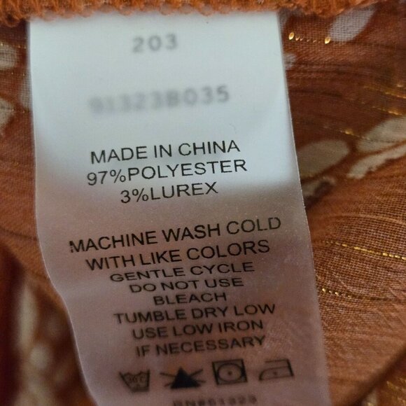 Vince Camuto Pintuck Ruffle Cuff Blouse Rust Leaf Pattern Subtle Sparkle Size L - Picture 10 of 12